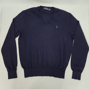 Polo Ralph Lauren 100% Merino Wool M Mens Pullover Dark Blue Vneck Lightweight